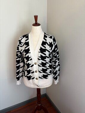 LOFT Black & Cream Houndstooth Button Front Cardigan Sweater Women’s Large
